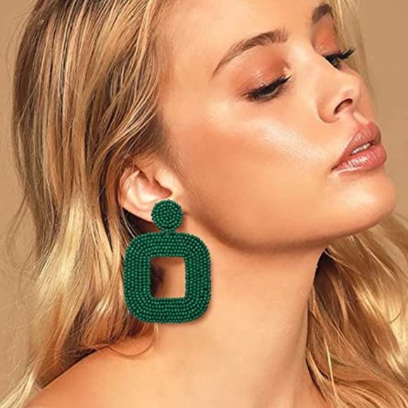 Oversized 3" Green Handmade Beaded Dangle Earrings Post New Handcrafted - Picture 1 of 4